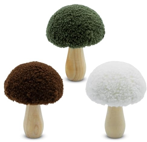 Spetebo Holz Deko Pilz mit Stoff Hut 11 cm zum Hinstellen - 3er Set - Waldpilz Dekofigur zur Herbst Dekoration - Herbstwald Dekoobjekt Pilzfigur Zierpilz Tischdeko Weihnachtsdeko Aufsteller