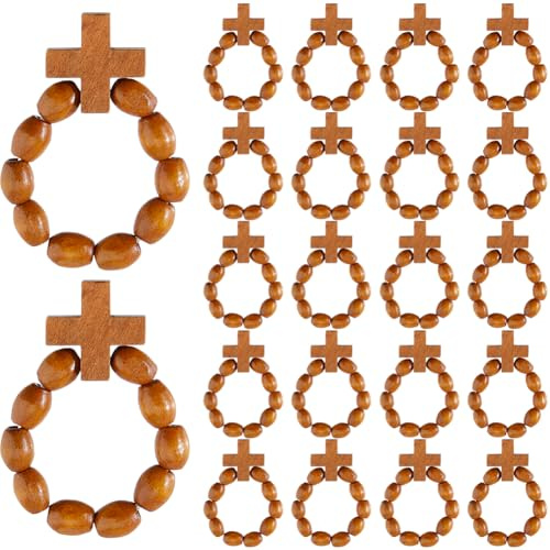 DICOSMETIC 30 pezzi in legno per rosario cattolico con rosario con croce in legno d'oro paese sacro perline anello battesimo regalo per uomini donne matrimonio chiesa