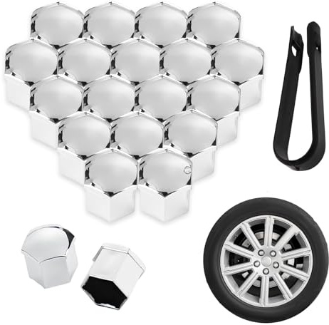 ONEMAJI Lot de 20 Capuchons D'Écrou Roue pour Peugeot 508, Écrous Cache Boulon Roue Couvre-Écrous Pneu Hexagonaux avec Jeu D'Outils Retrait,Silver-17mm