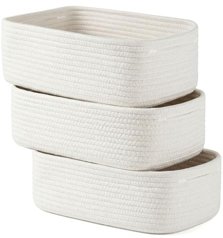 3 stycken förvaringskorgar rektangulär vit, förvaringskorgar, dekorativ korg, liten presentkorg, hyllkorgar, handdukskorg av rep, leksaksförvaring, 28 x 18 x 11 cm