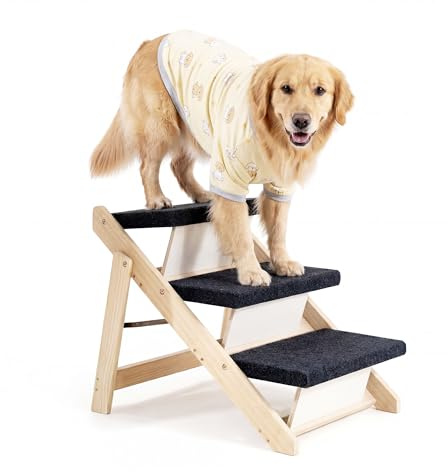 MEWANG Haustiertreppe aus Holz – Faltbare 3 Ebenen Hundetreppe & Rampe perfekt für Betten und Autos – tragbare Hunde-/Katzenleiter bis zu 50 kg