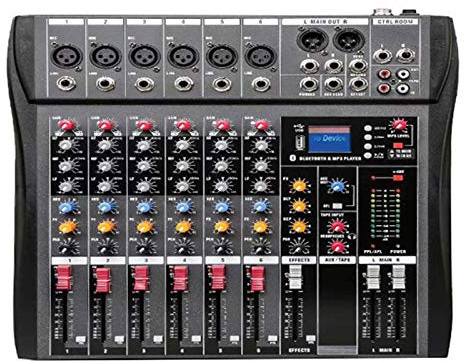 AFYH Mesas de Mezcla de Estudio, Consola de Mezcla de Sonido de Audio de Estudio Profesional Bluetooth USB Grabación de computadora Reproducción Efecto de Potencia Mezclador de Audio de 6 Canales