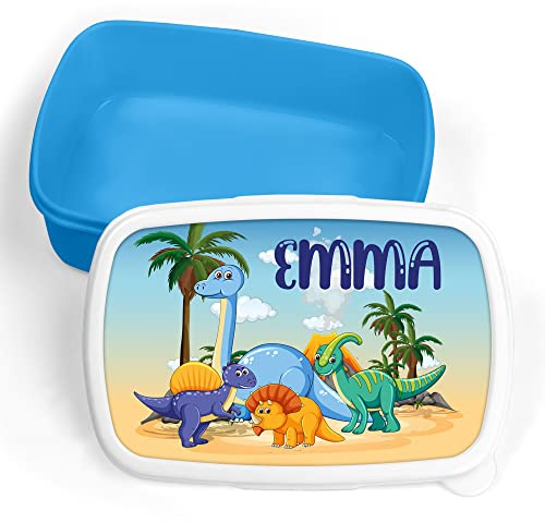 Print Maniacs Personalised Lunch Box Beach Dinosaur School Sandwich Kids Picnic Snack Food Bag Children's Travel Girls Boys Toddler Box Tub Pack Box (Blue, Add Name)