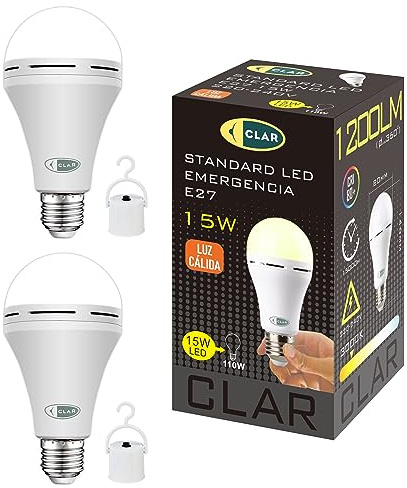 CLAR - Bombilla Recargable, Luz Sin Electricidad, Luz Exterior, Bombilla LED de Emergencia para el Hogar o Jardín 15W, No Contiene USB (Pack 2)