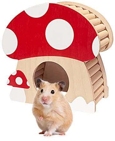 Hamster Mini Haus, Pilzförmiges Holzversteck Home für Zwerghamster, Ratte, Rennmäuse, Syrisch, Mäuse, Kleintiere Versteck Habitat Hut, Holz Hamster Versteck Spielzeug, Indoor Höhle Käfig Zubehör