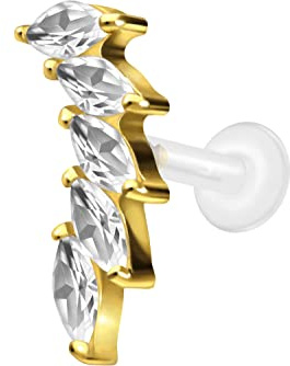 PIERCINGLINE PTFE Labret mit Innengewinde Titan Aufsatz 5 KRISTALLTROPFEN Piercing Lippe Nase Ohr Helix Tragus Medusa Farb & Größenauswahl