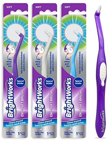 BrightWorks Manual End Tuft Brush, Cleans Difficult Areas Such as Around Crowns, Bridges, implants and Wider Gaps Between Teeth (Pack of 3)