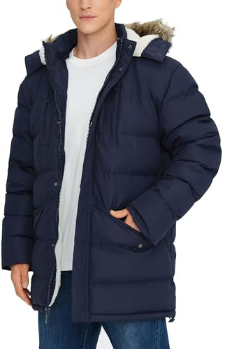 Rejork Men's Long Winter Coats Warm Water Resistant Puffy Hooded Windbreaker Insulated Thicken Jackets with Hood Blue X-Large