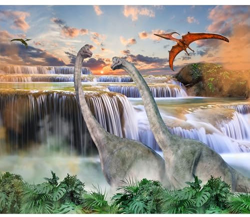 decomonkey Fototapete Dinosaurier 400x280 cm Tapete Fototapeten Vlies Tapeten Vliestapete Wandtapete Moderne Wand Wandbild Schlafzimmer Wohnzimmer Büro Flur Kinderzimmer Wasserfall Tiere Grün Blau