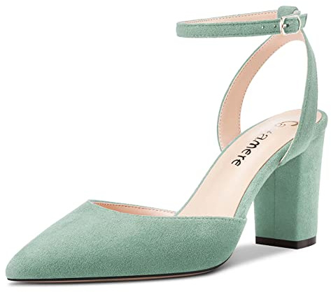 Castamere Women Chunky Block High Heel Pointed Toe Ankle Strap Two-Piece Pumps Court Shoe Wedding Dress 8 CM Heels