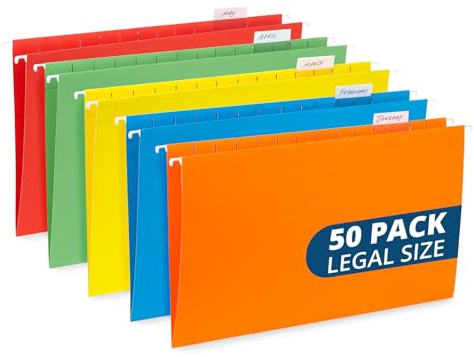 50 Legal Hanging File Folders, 50 Reinforced Hang Folders, Designed for Home and Office Color Coded File Organization, Legal Size, Assorted Colors, 50 Pack