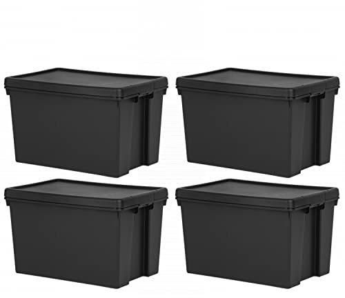 (Set of 4) 62L 62 Litre Recycled Heavy Duty Super Strong Storage Boxes Containers With Secure Lid Boxes Storage Containers Organizing Basket For Home Office Storage (62 LITRE, Black Bam)