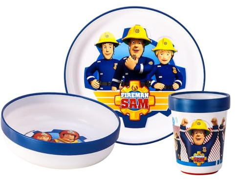 Zawadi Global Fireman Sam - Juego de vajilla bicolor para niños, 3 piezas, plato, cuenco y vaso, sin BPA