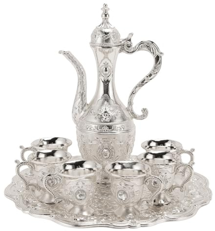 Vintage Turkish Coffee Pot Set, Tea Set of 6 with Tea Tray Metal Turkish Tea Set Coffee Pot Set Wine Glass Jug Set for Home Tea Ornaments (Silver White)