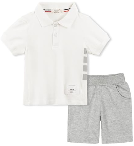 Volunboy 2-delat set med babykläder, sommarkläder, outfit, kortärmad pikétröja, topp + shorts, klädset för pojkar, Vit, 3-4 År