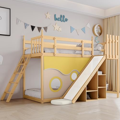 Skcess 90X200Cm Etagenbett, Holzbett Mit Treppe Und Zäune, Mit Bettvorhang, Rutsche Und Regal, Kinderbett Mit Fallschutz Und Gitter, Rahmen Aus Kiefer