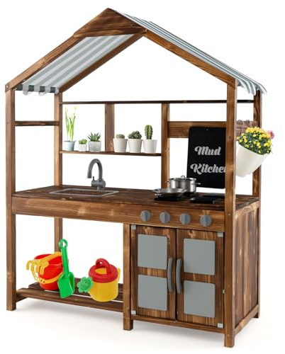 COSTWAY Cocina Juguete de Madera Maciza para Exteriores con Dosel, Grifo Giratorio y Fregadero Extraíble, Estufas y Perillas Realistas, Pizarra, Cicinita Infantil Divertido para Niños de 3-7 Años