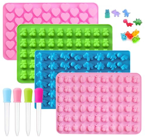 Gummibärchen Form, 4 Stück Bonbon Formen, Süßigkeiten-Silikonformen mit 4 Dropper, Herz Süßigkeiten Formen Gummibärchen Selber Machen Set für Süßigkeiten Gelee Schokolade(4 Farben)