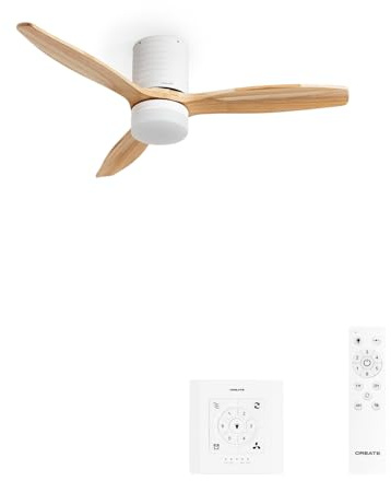 CREATE / WINDCALM LINE/Deckenventilator mit Beleuchtung Weiß Naturholz mit horizontalen Linien, Wandschalter und Fernbedienung / 40W, Ø132 cm, 6 Geschwindigkeiten, Sommer-Winterbetrieb
