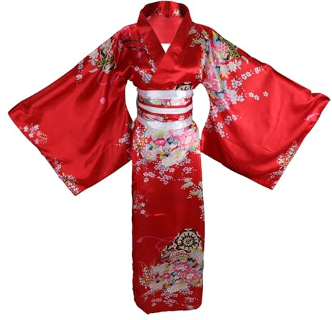 ZNLFS Women's Kimono Robe Traditional Japanese Kimono Dress Halloween Cosplay Costume Geisha Yukata Bathrobe (UK, Alpha, XXL, Regular, Regular, Red)