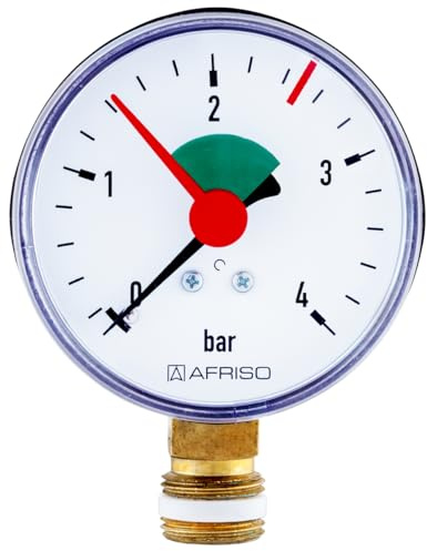 Afriso Manometer Heizung Wasser Ø 63 mm, 3/8, 0-4 bar, radial/unten selbstdichtend mit PTFE-Dichtring, schwarzes korrosionsfestes Gehäuse