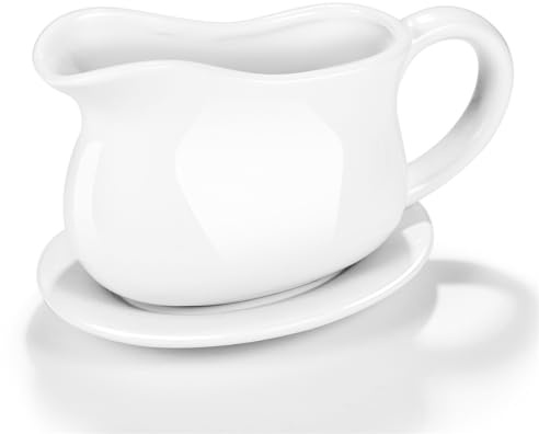 Sauciere und Untertasse, 480 ml, Keramik-Servierschale, Spender mit Tablett für Saucen, Dressings und Sahnekännchen, großer Griff, mikrowellen- und spülmaschinenfest Omesata