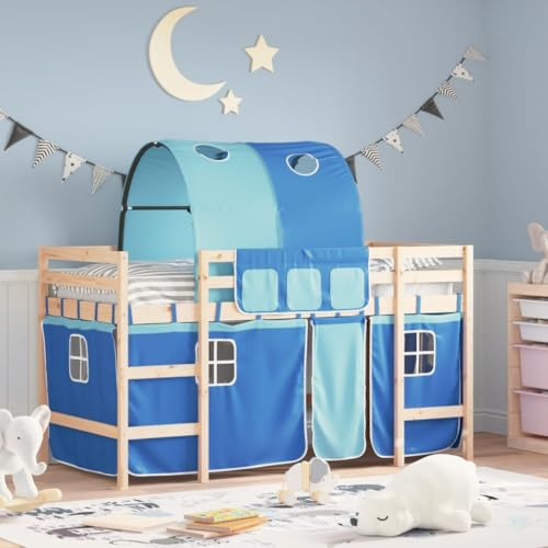 IKAYAA Halbhochbett mit Vorhängen & Tunnel für Kinder aus Kiefernholz, inklusive Lattenrost, Kinderbett 80 x 200 cm, Hochbett für Kinder, für Jungen und Mädchen, Natürlich und blau