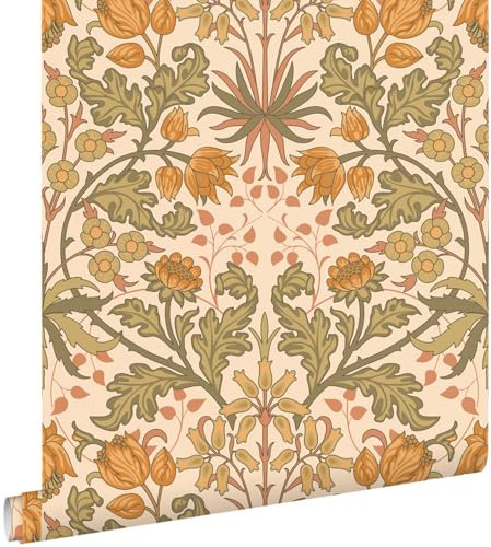 Esta Home papel pintado flores vintage en estilo art nouveau naranja cálido y verde grisáceo 50 x 900 cm