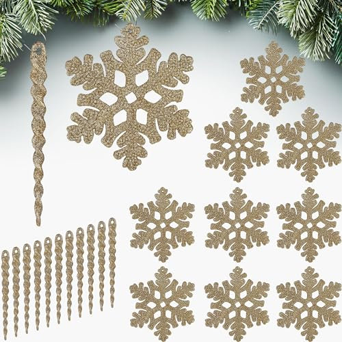 BRUBAKER Baumschmuck Eiszapfen und Schneeflocken Glitzer - 22-TLG. Weihnachtsbaumschmuck Set zum Hängen - Christbaumschmuck aus Kunststoff - Weihnachtsdeko Anhänger Bruchsicher - Gold