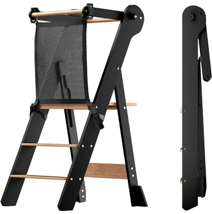 COSYLAND Foldable Toddler Step Stool for Kitchen - Space Saving Toddler Kitchen Stool Helper with Protective Net - Height Adjustable Kids Standing Tower with Stabilizing Block (Black & Natural)