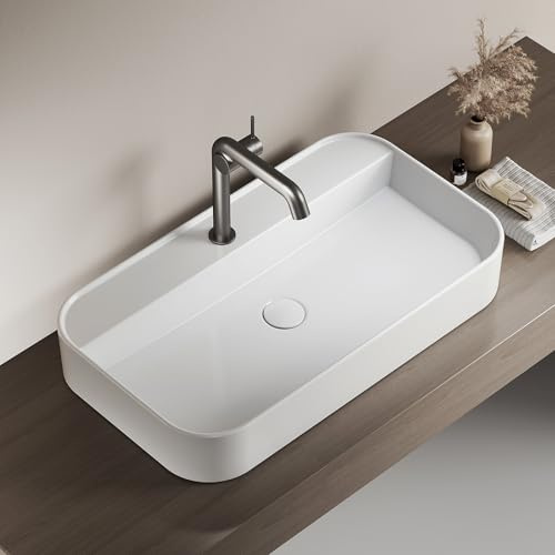 EMKE Lavabo da Appoggio Rettangolare, 70 x 40 x 11 cm,Bianco Lucido | per Bagno e WC Ospiti – Ceramica