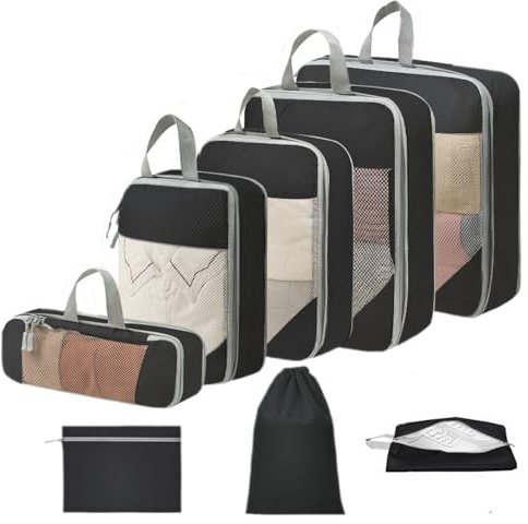 MEUVO Packwürfel Kompression für die Reise - Extrem platzsparender Koffer-Organizer-Set, wasserdichte Packtaschen für Koffer oder Rucksack, 8er-Set Compression Packing Cubes