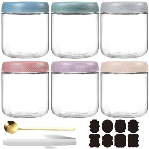CNKHDZ 4 stycken små glas med lock över natten havregrynsgröt förberedelse sallad mat flingor snack behållare pudding yoghurt lagring förseglingsbara glas (vit,rosa,blå,grön,lila,röd, 6 stycken/500ML)