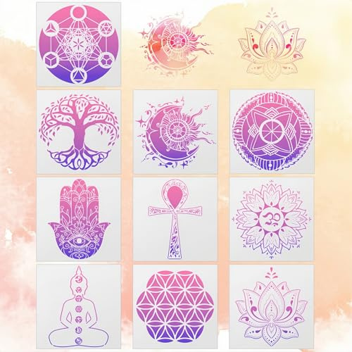TONAUP Heilige Geometrie Schablonen, 10 Stück Mandala Schablone Plastik Yoga Lotus Blumen Lebensbaum Hamsa Hand Sonne Mond Muster Schablone Wiederverwendbare für Haus Wand Boden Dekor