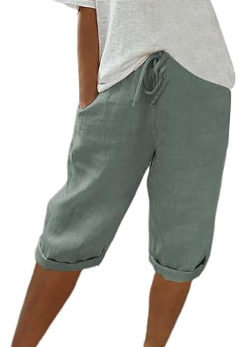 Sommerhose Damen Leicht Sommer Einfarbig Kurze Hosen Leinenhose Mit Kordelzug Casual Pants Hohe Taille Caprihose Stoffhose Bequeme Freizeithose Frauen Elegant Loose Fit Strandhose Outdoorhose