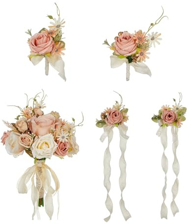 XAGMODSHN Bouquet da sposa con rose di seta e nastri, accessorio alla moda per matrimonio e decorazione di giorno di festival