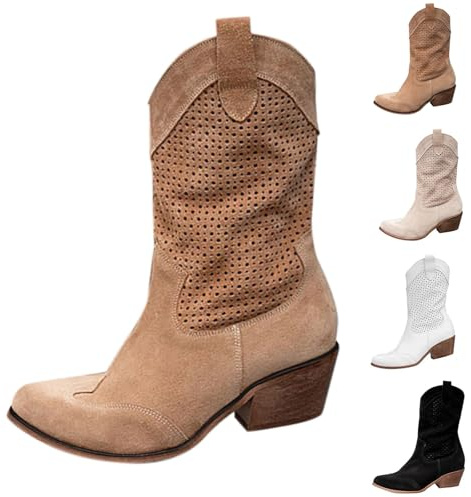 Gyaimxfu Bottines pour femme - Bottes de cow-boy en cuir velours, bottines mi-mollet, chaussures à enfiler, bottes basses, bottes courtes, bottes de transition, talon en bloc, bottes cheville, bottes