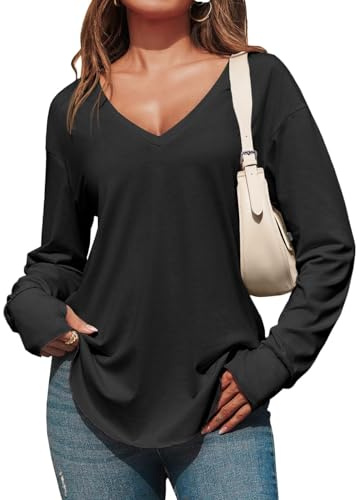 Fisoew Maglietta a Maniche Lunghe da Donna Scollo a V Profondo Top Oversize Maglietta a Maniche Lunghe Casual Maglietta Lunga con Foro per Il Pollice, Nero, XXL