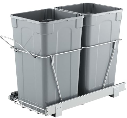 VEVOR Cubo de Basura Extraíble Doble para Armarios de Cocina, para Debajo del Fregadero, con Sistema Deslizante de Extensión Completa de Metal Resistente y Asa, 2 x 24,85 L, 556 x 270 x 480 mm