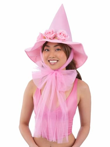 Smiffys Chapeau de sorcière rose à motif floral avec nœud en maille - Accessoire de déguisement d'Halloween pour filles et femmes - Jolie tenue de sorcière