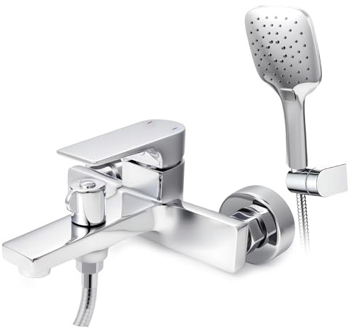 VANCOCO Wannenarmatur mit Handbrause, Komplett-Set aus hochwertigem Messing, Aufputz Badewannen-Armatur wassersparend mit Wandhalterung, Chrome