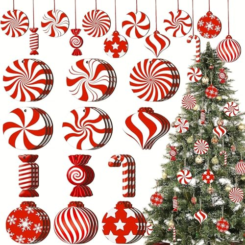 Hitchuey 36-teiliges Weihnachtsschmuck-Set aus Holz, hängende Weihnachtsbaumdekorationen in Zuckerstangen- und Minzform für Weihnachtsbaum/Tür/Wand/Fenster/Feiertagsparty/Neujahrsdekorationen