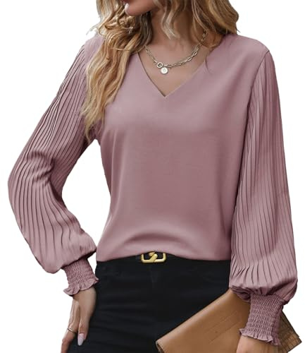 Camicie Donna Collo V Manica Lunga Blusa Vintage Morbida Casual alla Moda Blusa Manica a Sbuffo Plissettata