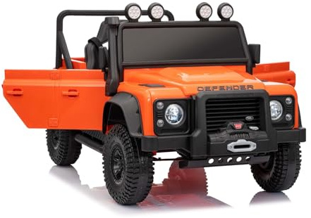 Kinder elektroauto 12V Land Rover Defender 110 SVX, Orange, 4X4-Antrieb, Lithium-Akku, LED-Lichter, federung, elektrische kinderfahrzeug mit 2,4-GHz-Fernbedienung, USB/AUX/Bluetooth, 4x25W, 3-7 Jahre
