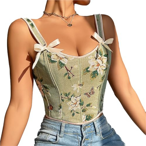 Beimus kvinnlig korsett topp knuten bustier midja cincher franska stilar blommönster gördel cosplay kostym tillbehör dam franska stilar väst, Mörkgrön, M