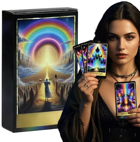 Rainbow Tarot Cards - Baraja intuitiva clásica para principiantes, 78 cartas de oráculo para adivinación antigua, paquete iridiscente con borde de aluminio, juego de salón, placa celestial para