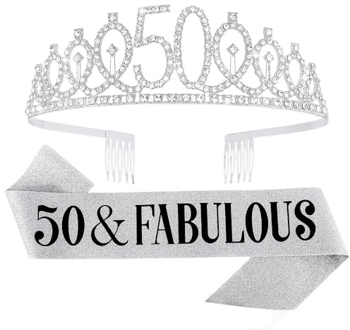 Set Diadème et Écharpe 50 Ans Femme, « 50 & Fabulous » Couronne Argentée Strass Accessoires Anniversaire 50 Ans Décoration Cadeau