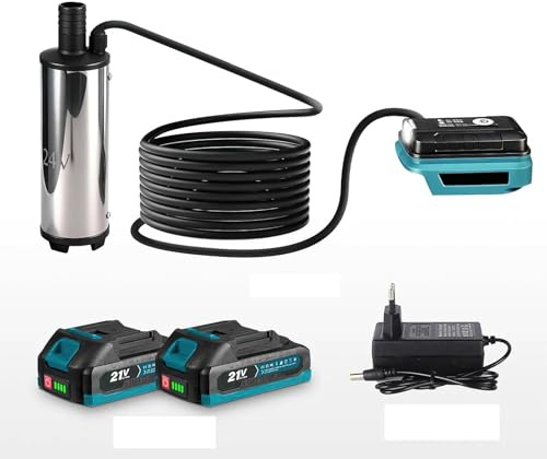 Pompe à eau à batterie, pompe à immersion à batterie – 60W, batterie (2×1500mAh) 18-21V, hauteur de refoulement 3-5 m, débit 50-80 l/min – portable pour diesel, kérosène, huile moteur, eau, alcool – 2