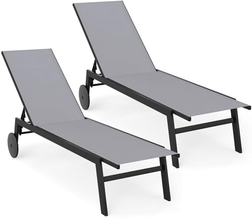 COSTWAY 2er Set Sonnenliege mit Rollen, Gartenliege mit Verstellbarer Rückenlehne und schnelltrocknendem Stoff, Rollliege bis 150kg belastbar, Liegestuhl für Garten, Balkon, Terrasse (Grau)