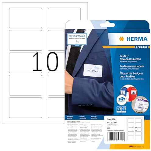 HERMA 4514 Namensetiketten ablösbar, 20 Blatt, 80 x 50 mm, 10 pro A4 Bogen, 200 Stück, selbstklebend, bedruckbar, rückstandsfrei abziehbare Acetatseide Namensaufkleber Etiketten, weiß